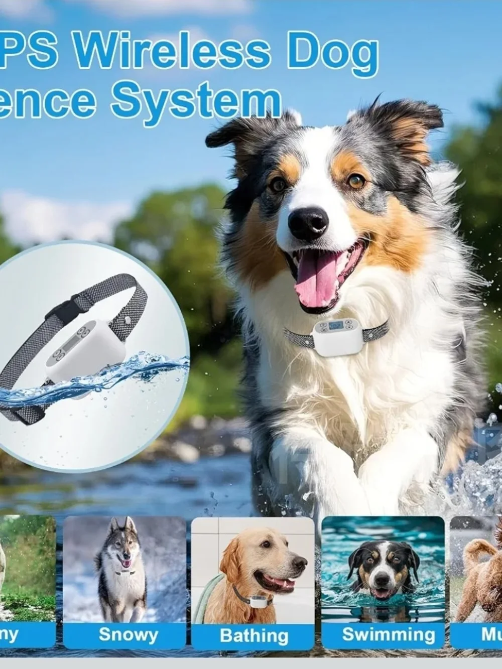 GPS Wireless Dog Fence System App Control No Wire 984FT Waterproof Collar White